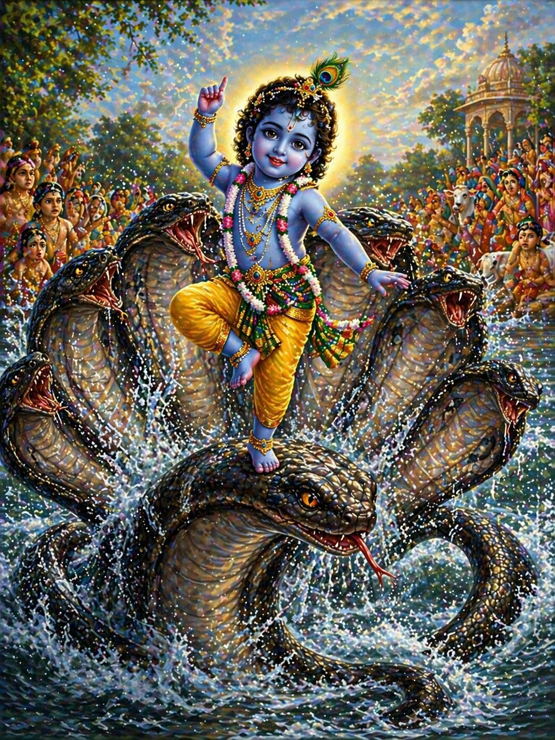 Baby Krishna dancing on multi-hooded serpent Kaliya in Yamuna river with villagers watching